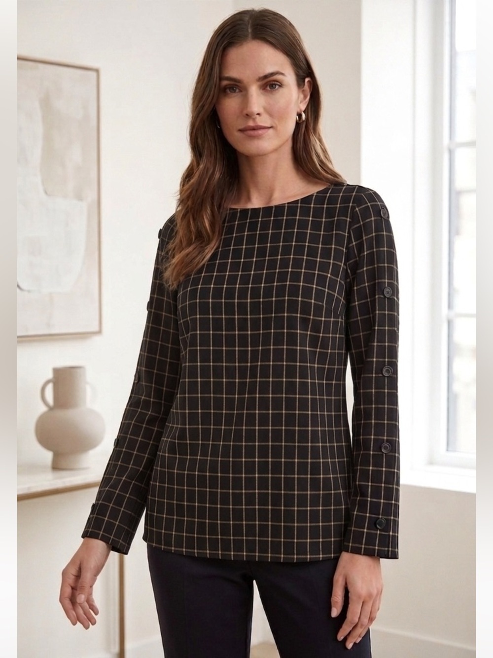 NWT J.Jill Windowpane Ponte Knit Blouse – Black/Camel – Buttoned Sleeves Size M